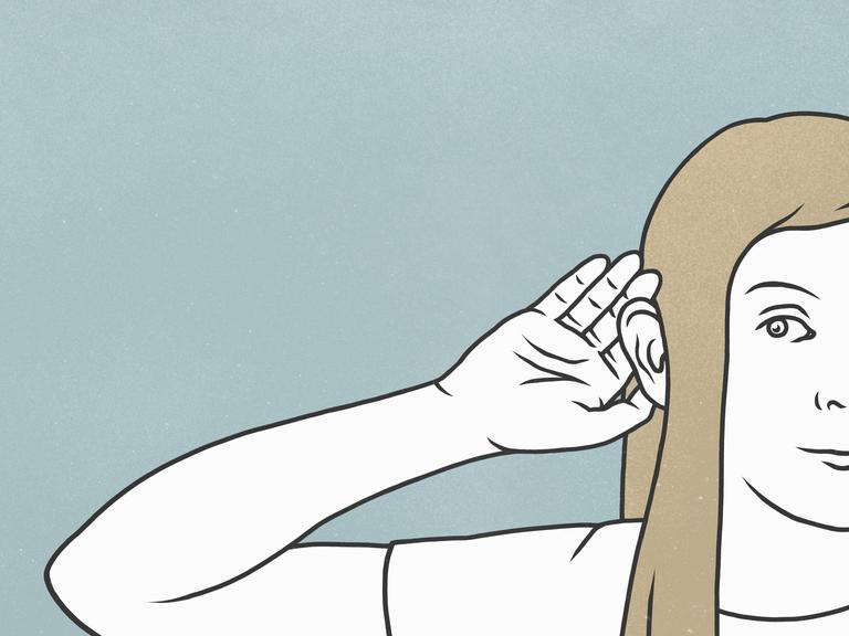Illustration zeigt eine Frau, die eine Hand an Ihr Ohr hält.