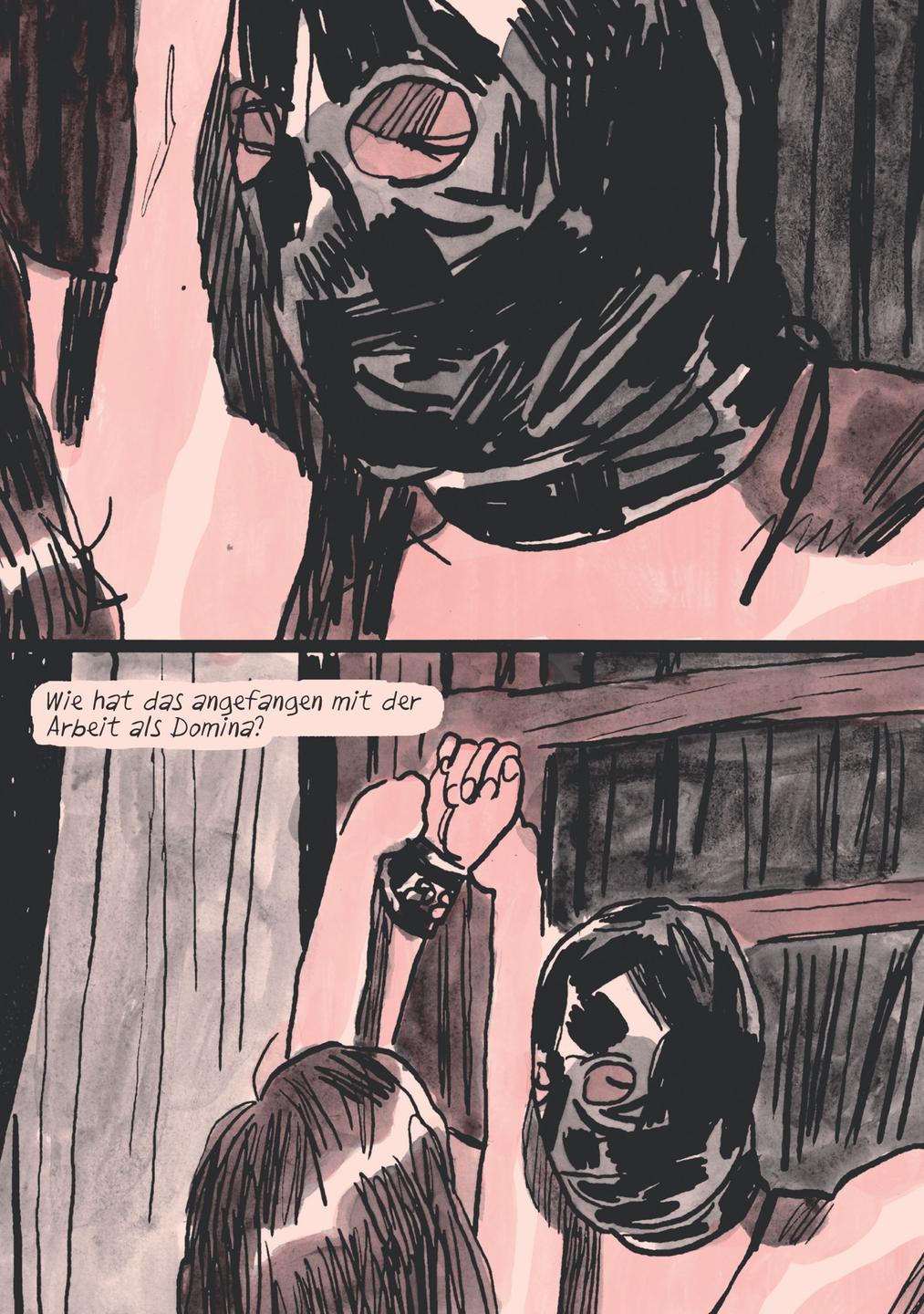 Auszug aus einem Comicstrip. Zu sehen ist eine Sexarbeiterin, die als Domina einen Kunden an einer Wand fixiert und ihm eine schwarze Ledermaske über das Gesicht gezogen hat. Auszug aus einem Comicstrip. Zu sehen ist eine Sexarbeiterin, die als Domina einen Kunden an einer Wand fixiert und ihm eine schwarze Ledermaske über das Gesicht gezogen hat.