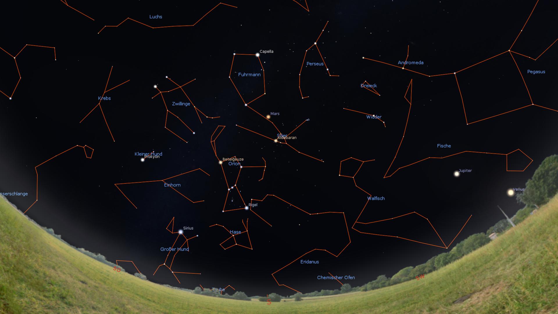 Der Anblick des Südhimmels morgen gegen 20.30 Uhr, zur Monatsmitte gegen 19.30 Uhr (die Stellung der Planeten Mars, Jupiter und Saturn gilt für diesen Tag) und am 28. Februar gegen 18.30 Uhr Der Anblick des Südhimmels morgen gegen 20.30 Uhr, zur Monatsmitte gegen 19.30 Uhr (die Stellung der Planeten Mars, Jupiter und Saturn gilt für diesen Tag) und am 28. Februar gegen 18.30 Uhr