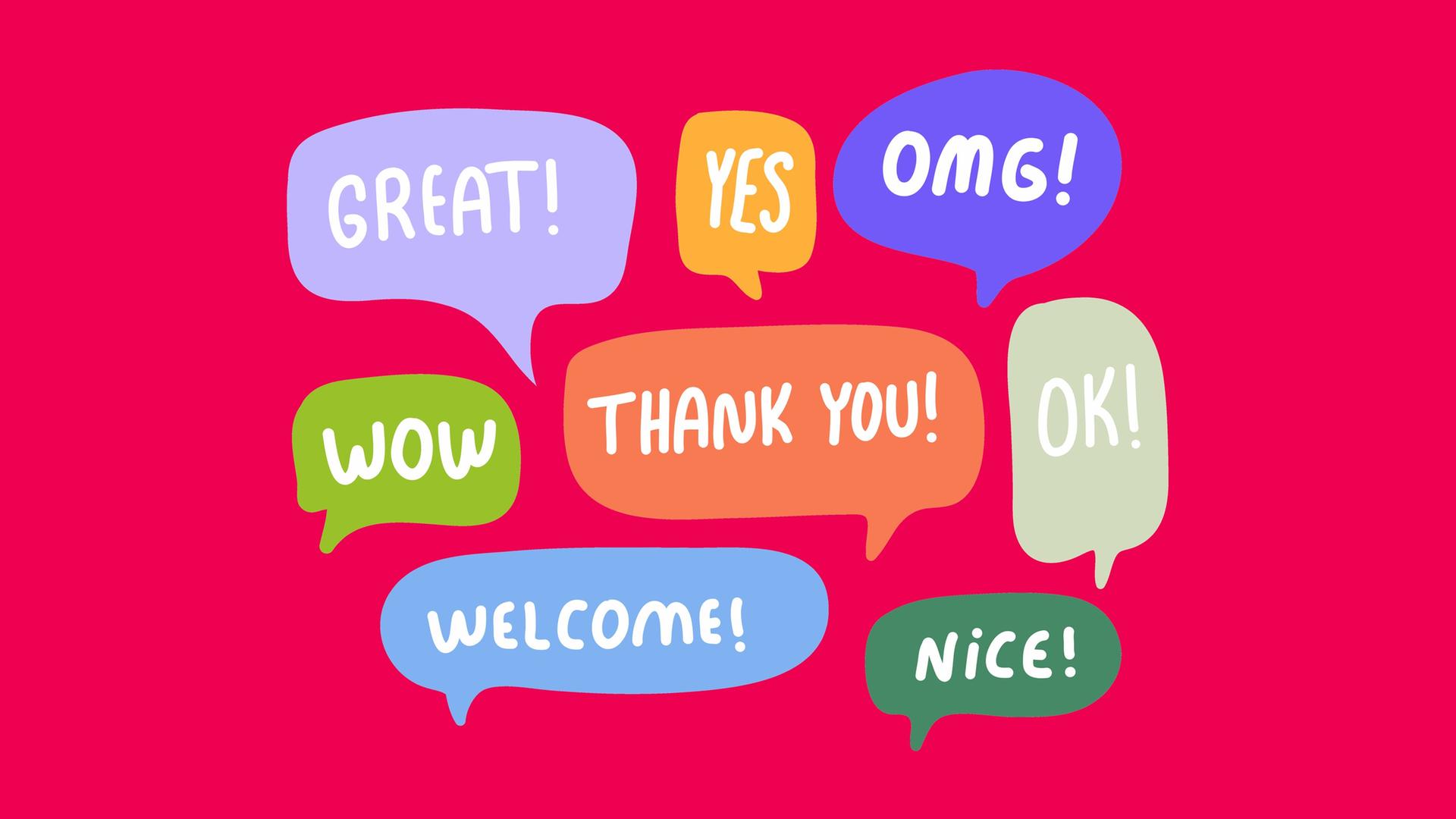 Farbige Sprechblasen auf rotem Hintergrund. Darin englische Begriffe: Great, Yes, Omg, Wow, Thank You, Ok, Welcome, Nice. Farbige Sprechblasen auf rotem Hintergrund. Darin englische Begriffe: Great, Yes, Omg, Wow, Thank You, Ok, Welcome, Nice.