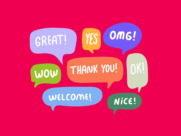 Farbige Sprechblasen auf rotem Hintergrund. Darin englische Begriffe: Great, Yes, Omg, Wow, Thank You, Ok, Welcome, Nice.