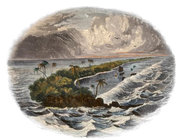 Illustration einer tropischen Insel aus dem Jahr 1800.