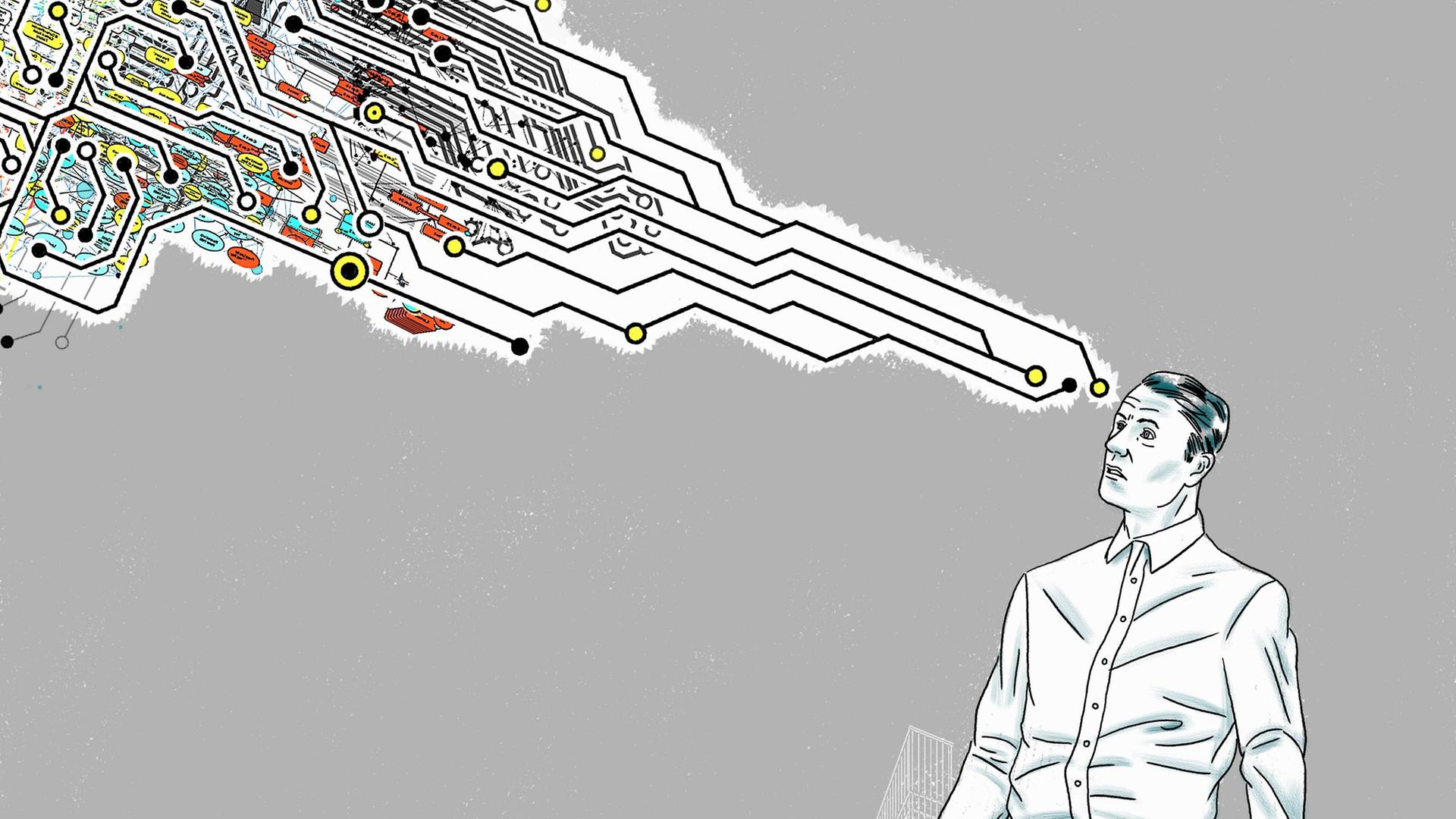 Eine Person sieht aus ihrem Kopf kommend eine Wolke von elektronischen Leiterbahnen. Eine Person sieht aus ihrem Kopf kommend eine Wolke von elektronischen Leiterbahnen.