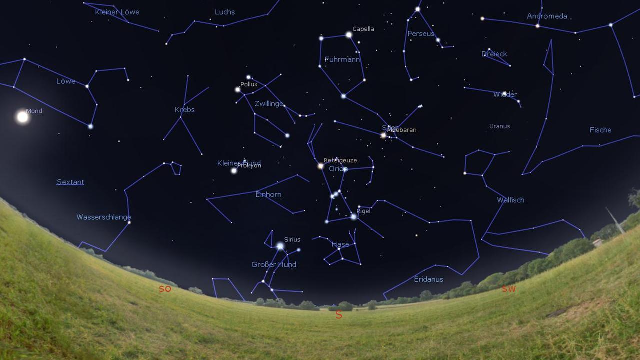 Das Sternbild Fuhrmann thront gegen 20 Uhr hoch im Süden, ein Stück oberhalb des markanten Orion. 