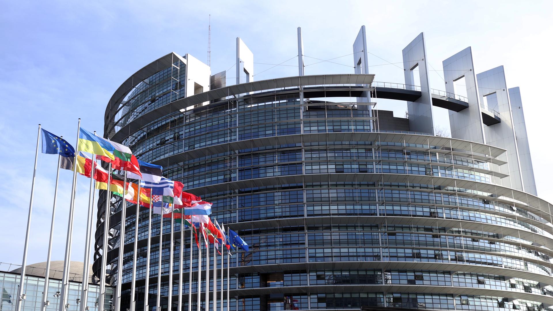 Das EU-Parlamentsgebäude in Straßburg, davor stehen Flaggen der Mitgliedsstaaten.