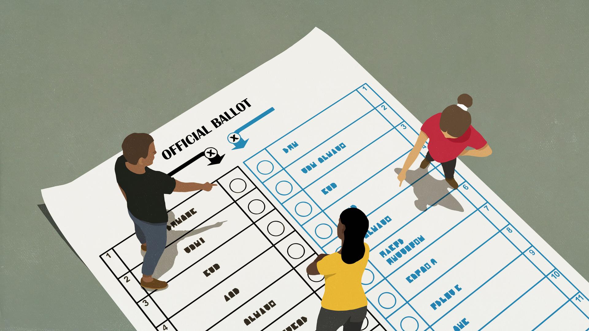 Illustration: Menschen stehen auf einem Wahlzettel und zeigen auf verschiedene Möglichkeiten, ein Kreuz zu setzen. Illustration: Menschen stehen auf einem Wahlzettel und zeigen auf verschiedene Möglichkeiten, ein Kreuz zu setzen.
