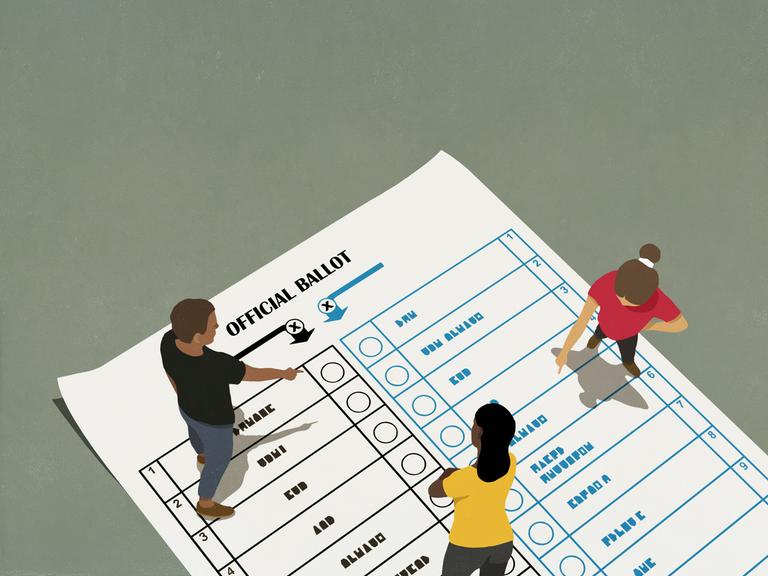 Illustration: Menschen stehen auf einem Wahlzettel und zeigen auf verschiedene Möglichkeiten, ein Kreuz zu setzen.