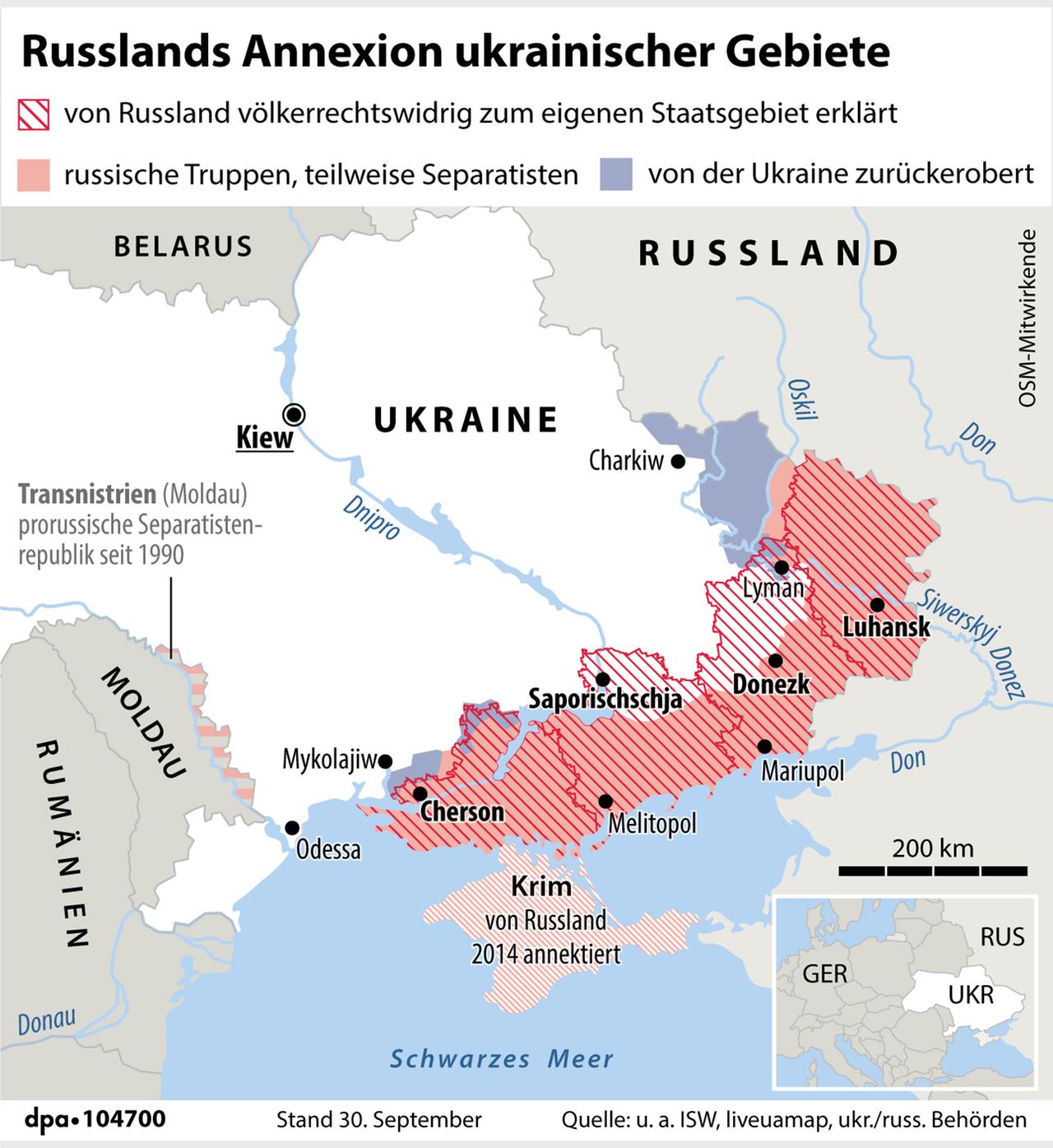 Eine Karte zeigt die von russischer Annexion betroffener ukrainische Gebiete: Luhansk, Donesk, Saporischschja und Cherson (Stand: 30.09.2022)