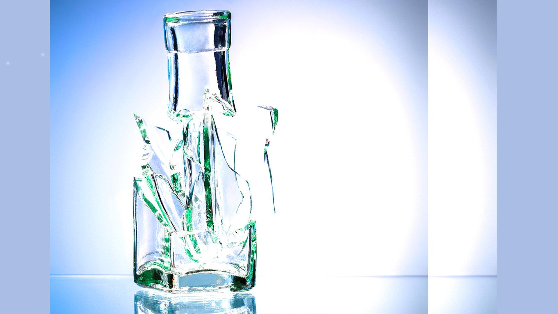Eine zerbrochene Flasche vor blauem Hintergrund Eine zerbrochene Flasche vor blauem Hintergrund