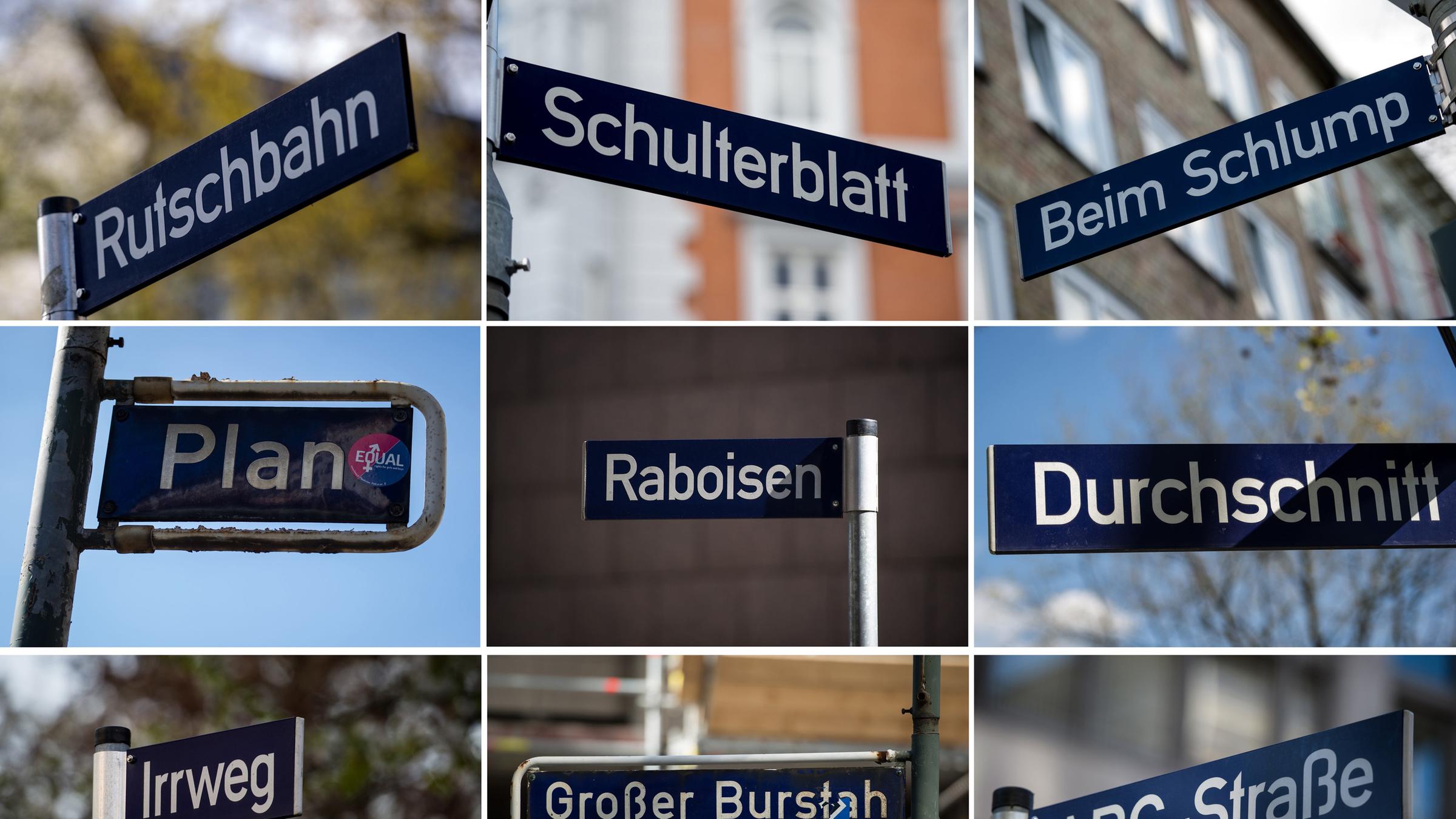 Eine Collage aus verschiedenen Straßenschildern mit skurrilen Namen. Darunter: Irrweg, Durchschnitt oder Rutschbahn. Eine Collage aus verschiedenen Straßenschildern mit skurrilen Namen. Darunter: Irrweg, Durchschnitt oder Rutschbahn.