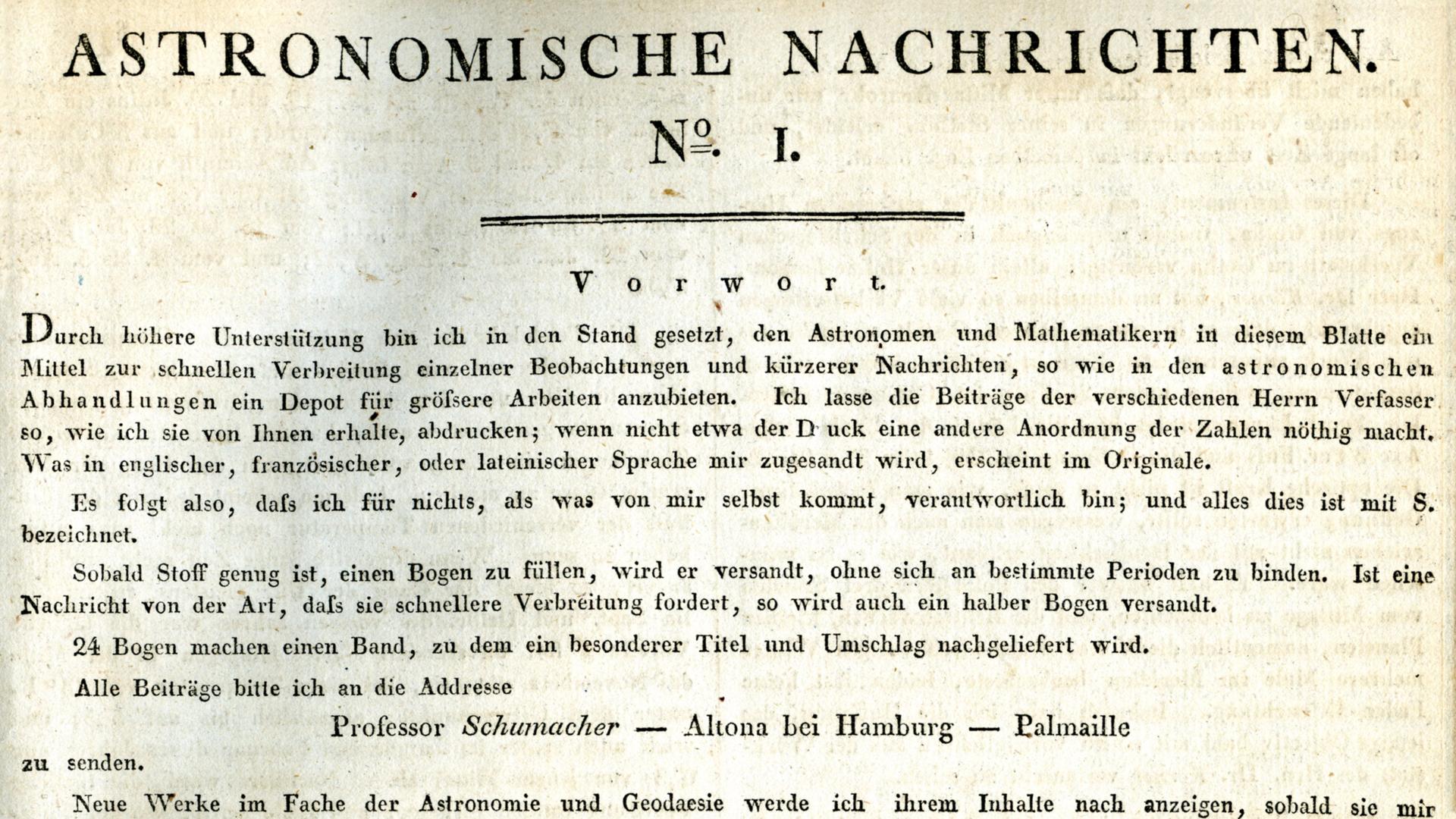 Titelseite der Erstausgabe der Astronomischen Nachrichten Titelseite der Erstausgabe der Astronomischen Nachrichten
