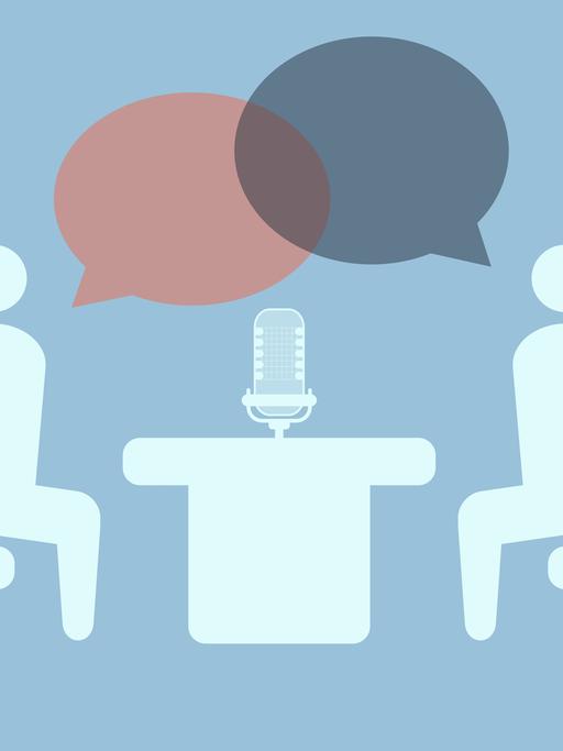 Eine Illustration zeigt zwei schematisierte Figuern in einer Interviewsituation.