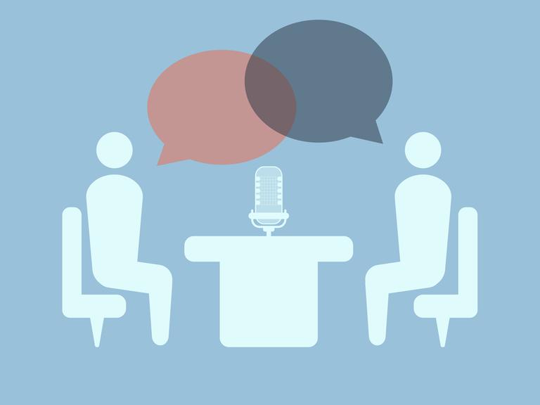 Eine Illustration zeigt zwei schematisierte Figuern in einer Interviewsituation.