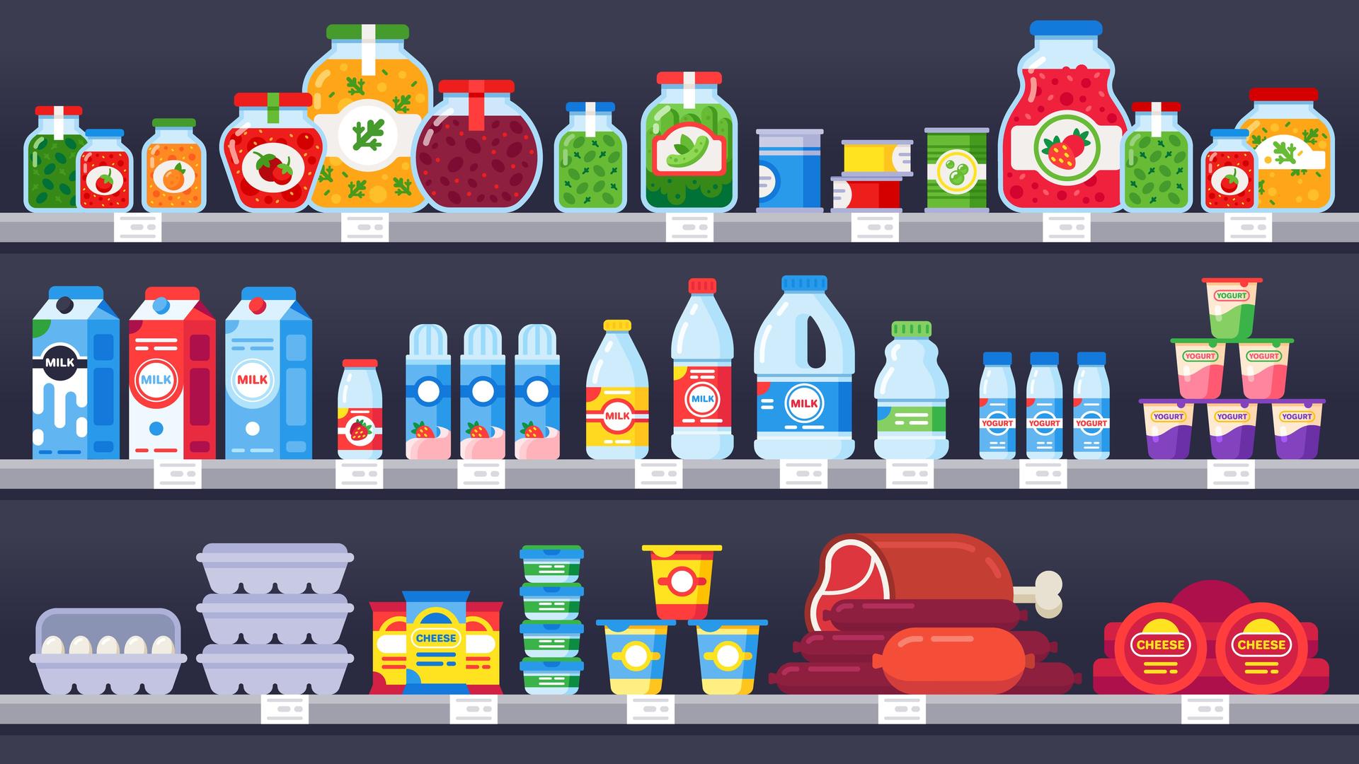 Illustration: Unterschiedliche Lebensmittel in einem Supermarktregal.