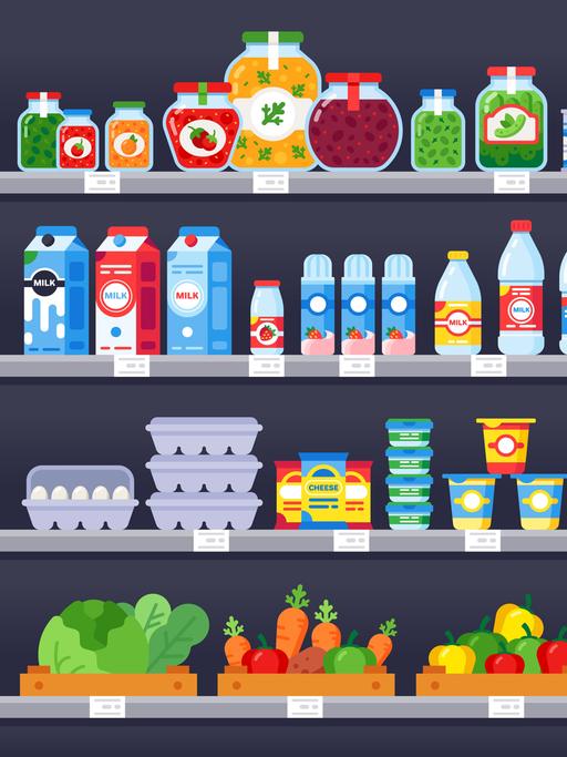 Illustration: Unterschiedliche Lebensmittel in einem Supermarktregal.