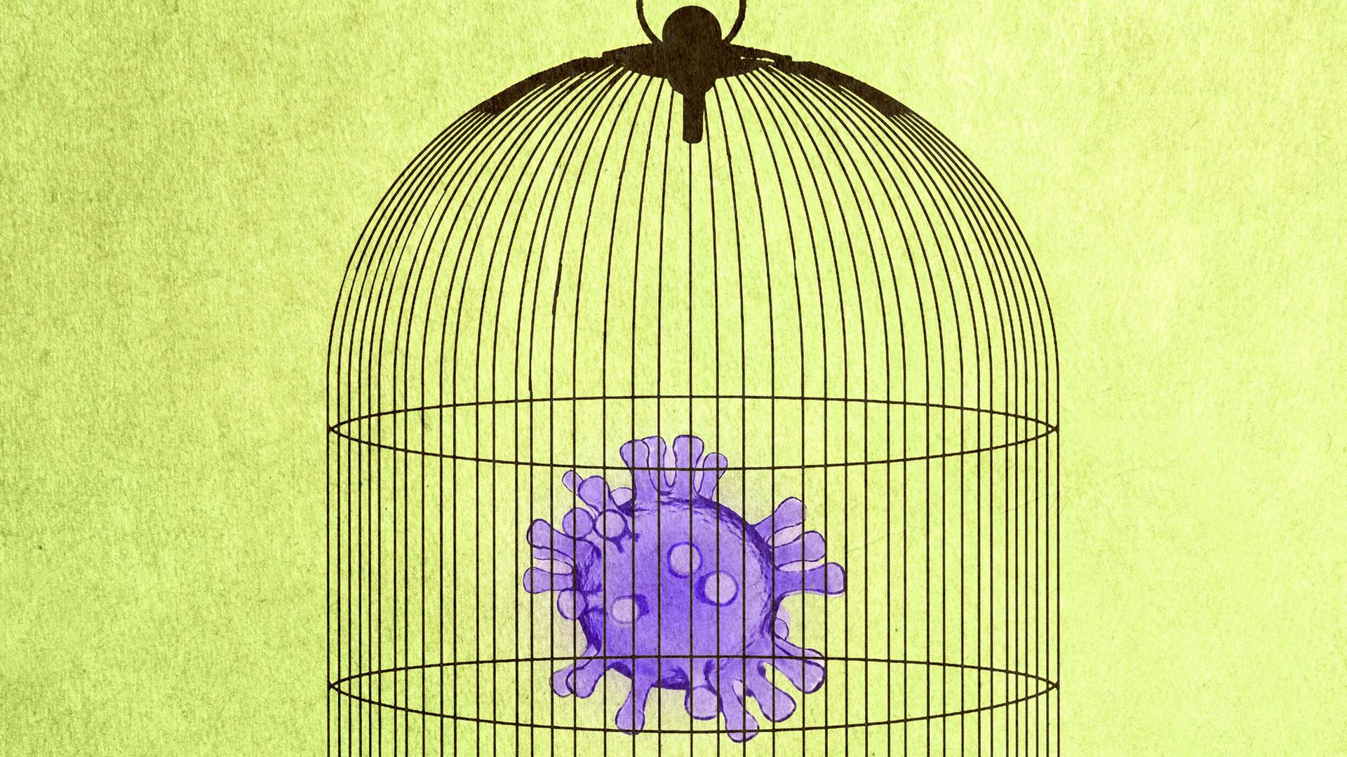 Illustration: Coronavirus in einem Vogelkäfig. Illustration: Coronavirus in einem Vogelkäfig.