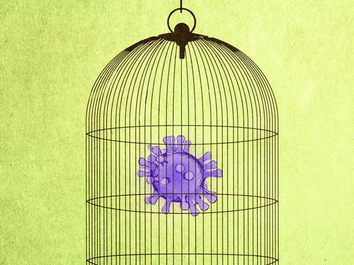 Illustration: Coronavirus in einem Vogelkäfig.