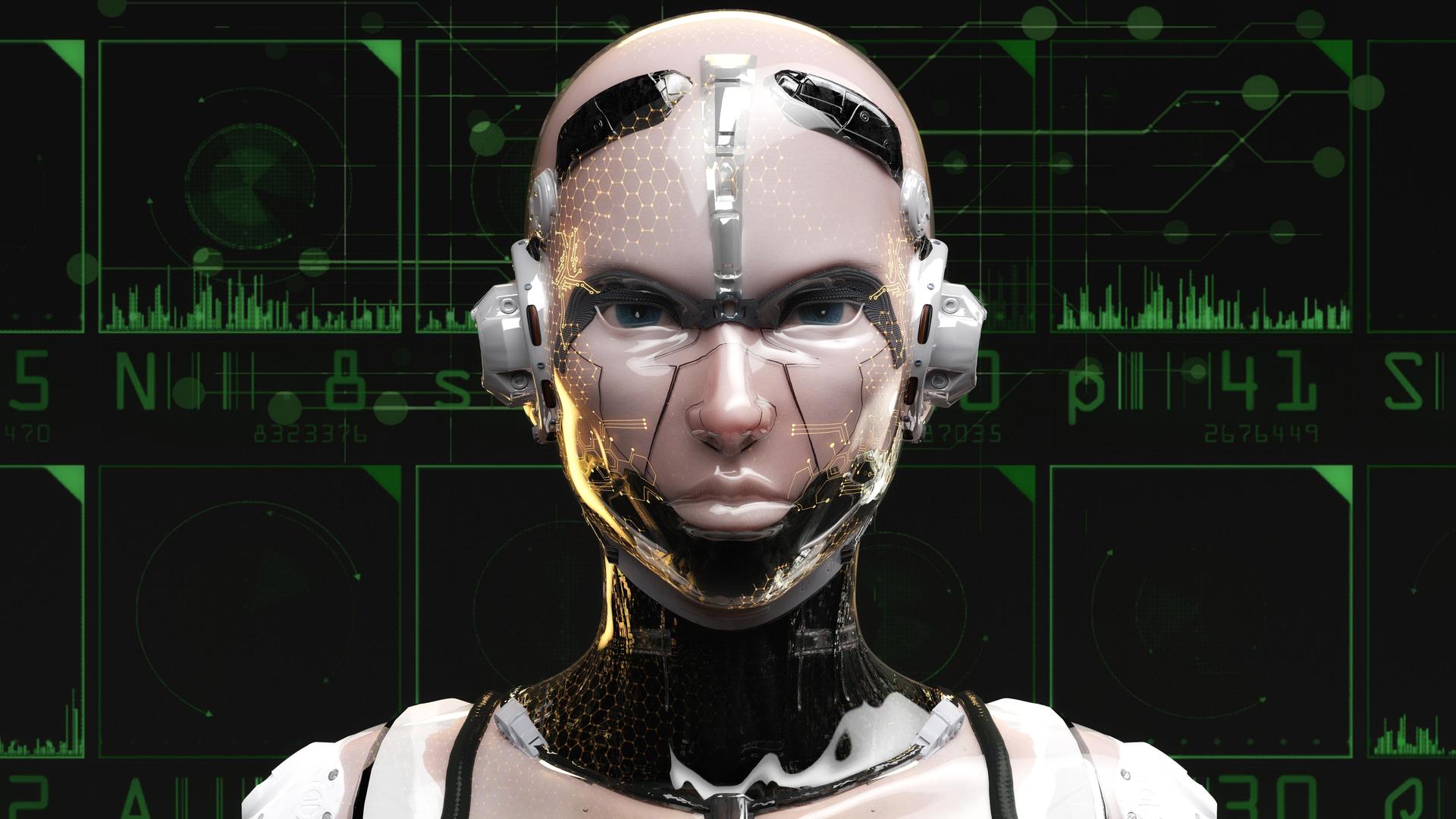 Künstlerische Darstellung eines humanoiden Roboters mit künstlicher Intelligenz Künstlerische Darstellung eines humanoiden Roboters mit künstlicher Intelligenz