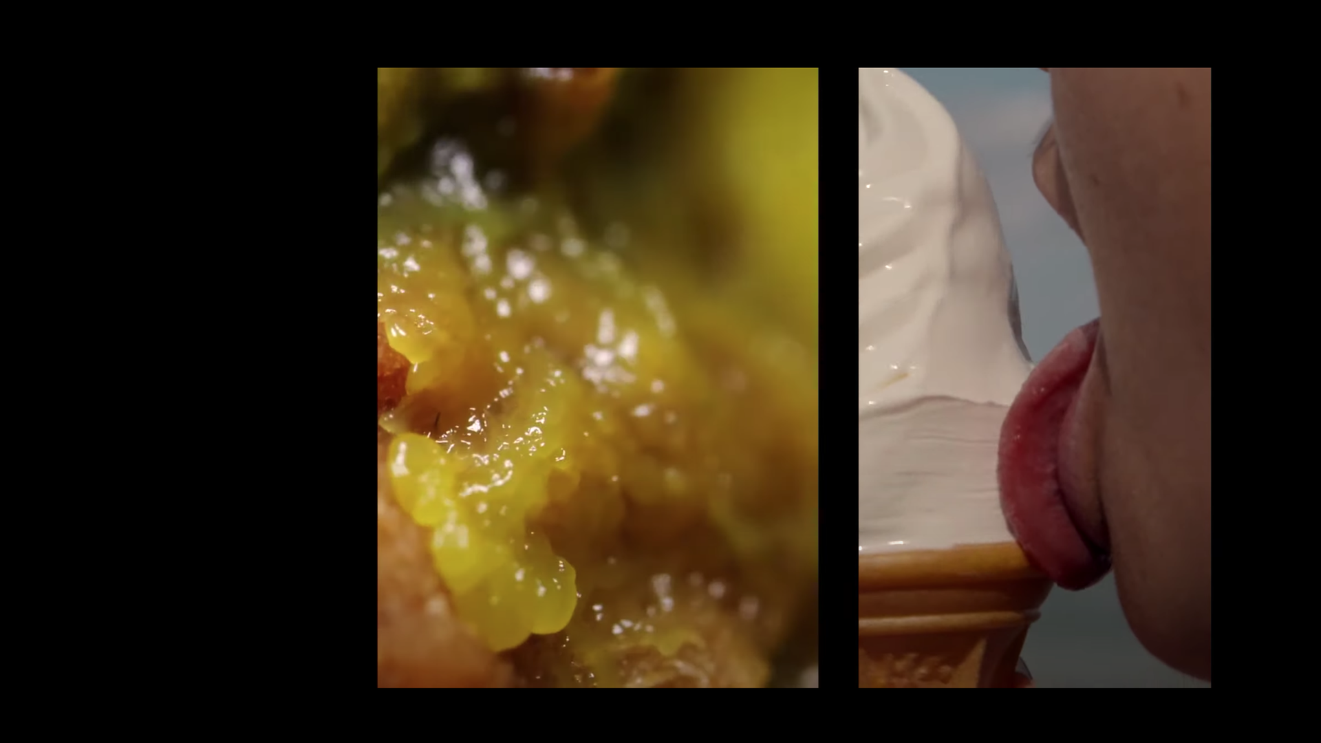 Bild aus dem Musikvideo "Flourish" (Lotic) von Julia Crescitelli: Splitscreen, auf der einen Seite ist etwas Undefinierbares zu sehen, im anderen Bild schleckt eien Zunge Eis.