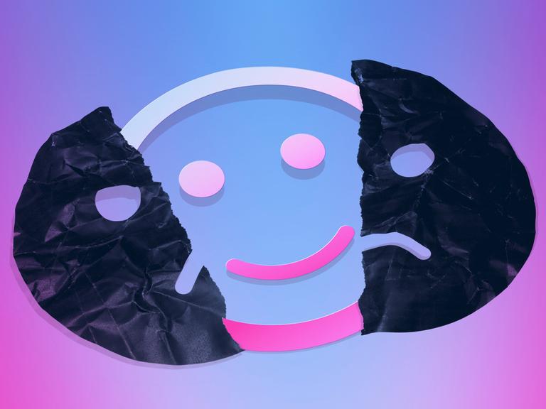 Unter einer zerrissenen schwarzen Folie in Form einer wütenden Grimasse schaut ein lächelnder Smiley hervor.