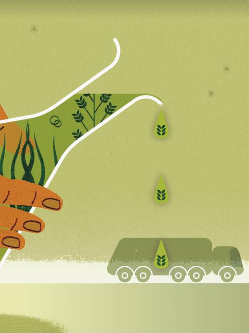 Illustration : Die Hand eines Forschenden gießt aus einem Erlenmeyerkolben, in dem Pflanzen schwimmen, eine grüne Flüssigkeit auf einen Tanklastwagen.