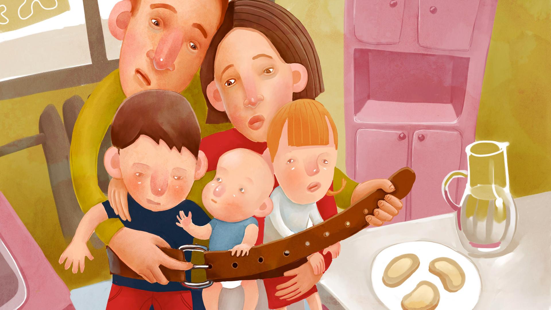 Illustration einer Familie mit Kindern, die eng beieinander am Esstisch stehen und um sich herum den Gürtel enger schnallen. Illustration einer Familie mit Kindern, die eng beieinander am Esstisch stehen und um sich herum den Gürtel enger schnallen.