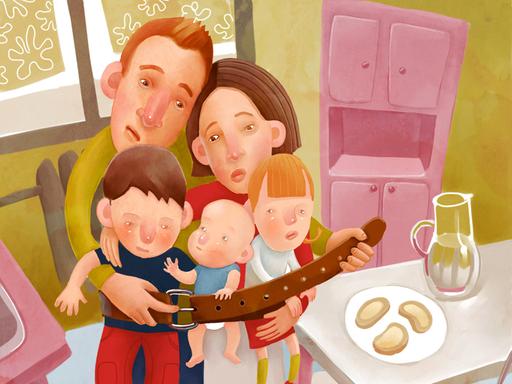 Illustration einer Familie mit Kindern, die eng beieinander am Esstisch stehen und um sich herum den Gürtel enger schnallen.