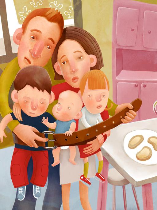 Illustration einer Familie mit Kindern, die eng beieinander am Esstisch stehen und um sich herum den Gürtel enger schnallen.