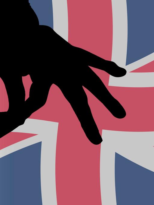 Symbolbild: Silhouette einer Hand, die eine leere Tasche mit einem Union Jack dahinter herauszieht.