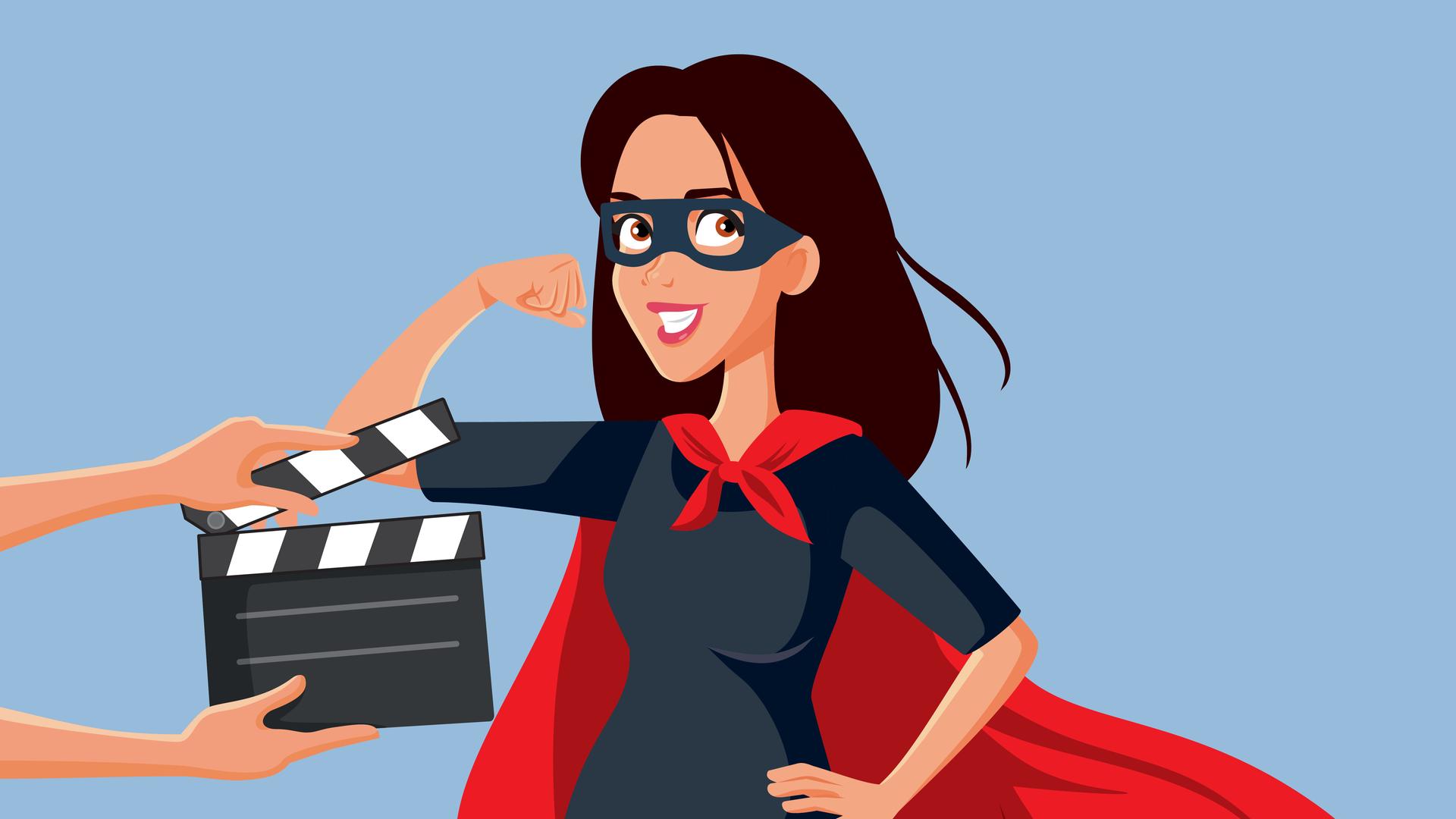 Illustration: Schauspielerin dreht einen weiblichen Superhelden-Blockbuster-Film. Illustration: Schauspielerin dreht einen weiblichen Superhelden-Blockbuster-Film.