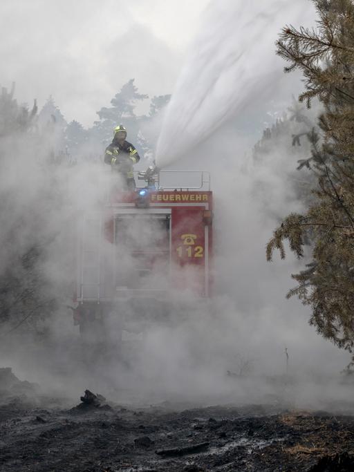 Ein Feuerwehrmann steht auf einem Einsatzfahrzeug und versucht, bei einem riesigen Waldbrand bei Treuenbrietzen in einer Schonung ein Feuer zu löschen. Rauchschwaden sind überall zu sehen. Aus der Spritzen kommen große Mengen Wasser in einem dicken Strahl heraus.