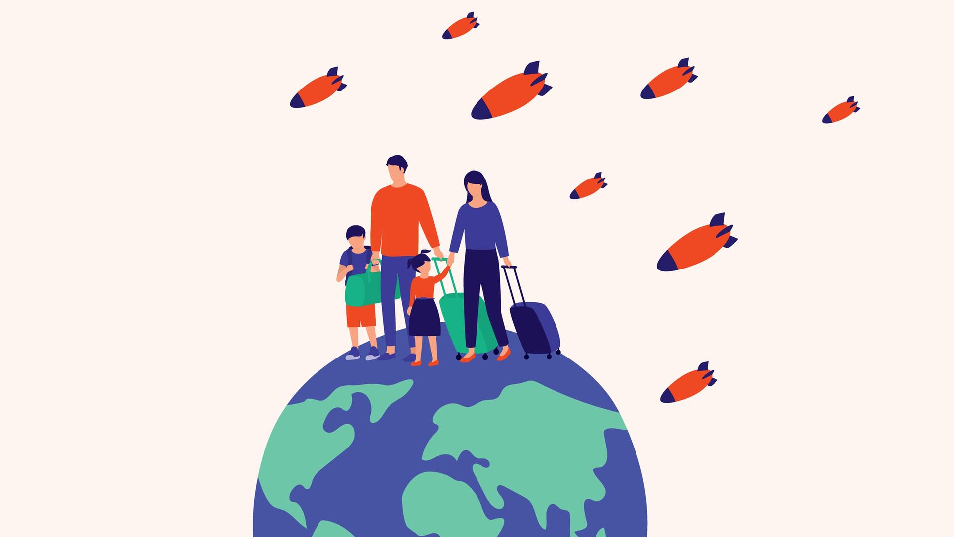 llustration: Eine Familie mit Gepäck auf der Flucht, sie stehen auf einem Globus. Über den Köpfen fliegen Bomben. llustration: Eine Familie mit Gepäck auf der Flucht, sie stehen auf einem Globus. Über den Köpfen fliegen Bomben.