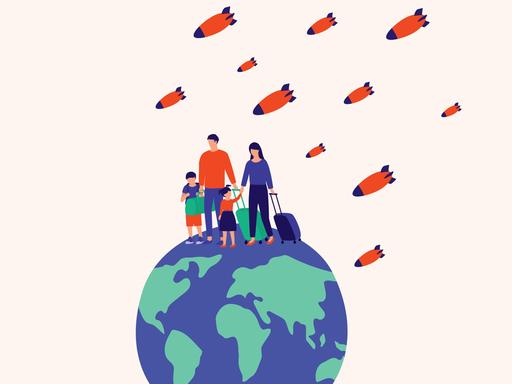 llustration: Eine Familie mit Gepäck auf der Flucht, sie stehen auf einem Globus. Über den Köpfen fliegen Bomben. llustration: Eine Familie mit Gepäck auf der Flucht, sie stehen auf einem Globus. Über den Köpfen fliegen Bomben.