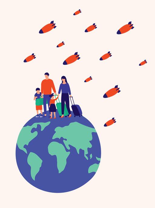 llustration: Eine Familie mit Gepäck auf der Flucht, sie stehen auf einem Globus. Über den Köpfen fliegen Bomben.