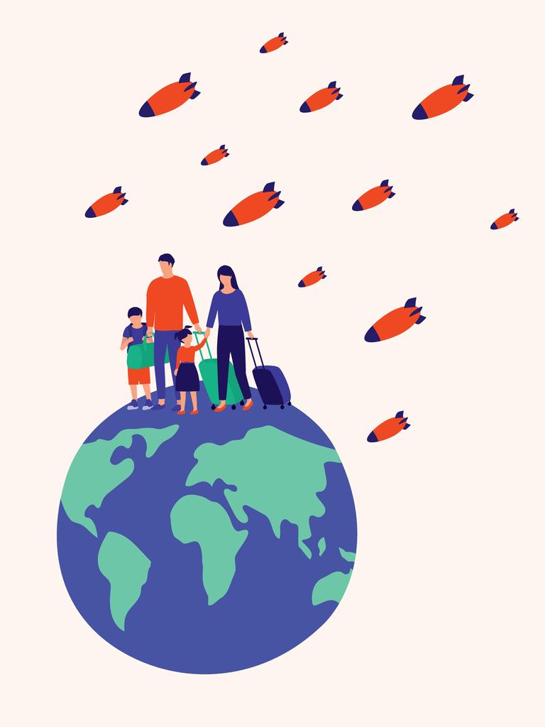 llustration: Eine Familie mit Gepäck auf der Flucht, sie stehen auf einem Globus. Über den Köpfen fliegen Bomben. llustration: Eine Familie mit Gepäck auf der Flucht, sie stehen auf einem Globus. Über den Köpfen fliegen Bomben.