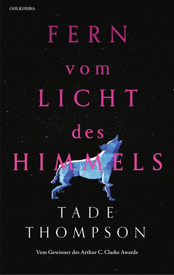 Das Cover des Krimis von Tade Thompson, "Fern vom Licht des Himmels". Es zeigt die Zeichnung eines heulenden Himmels vor einem nachtdunklen Himmel neben dem Namen des Autors und des Titels