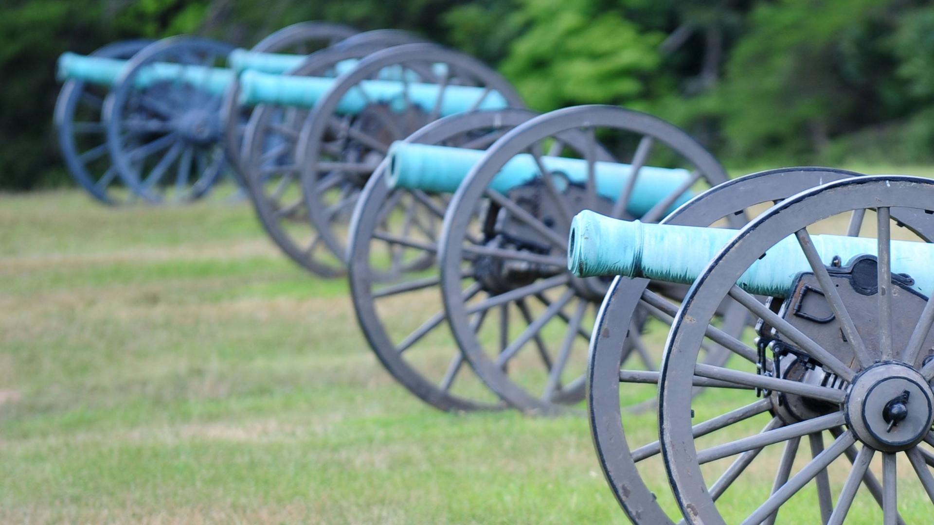 Kanonen auf Rädern mit türkisfarbener Patina stehen hintereinander auf einer Wiese.