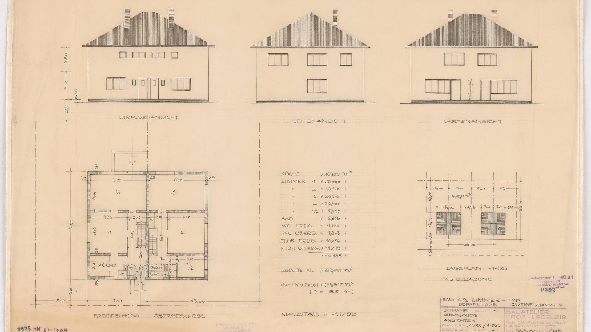 Das Foto zeigt Entwürfe von Architekt und Stadtplaner Hans Poelzig für die Siedlung Berlin-Eichkamp. Auf diesem Bogen ist ein zweistöckiges Doppelhaus zu sehen. Das Foto zeigt Entwürfe von Architekt und Stadtplaner Hans Poelzig für die Siedlung Berlin-Eichkamp. Auf diesem Bogen ist ein zweistöckiges Doppelhaus zu sehen.