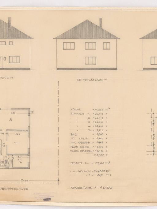 Das Foto zeigt Entwürfe von Architekt und Stadtplaner Hans Poelzig für die Siedlung Berlin-Eichkamp. Auf diesem Bogen ist ein zweistöckiges Doppelhaus zu sehen.