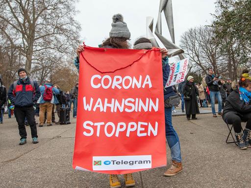 Eine Demonatrantin mit Pudelmütze hält ein signalrotes Plakat mit der Aufschrift "Corona Wahnsinn stoppen".