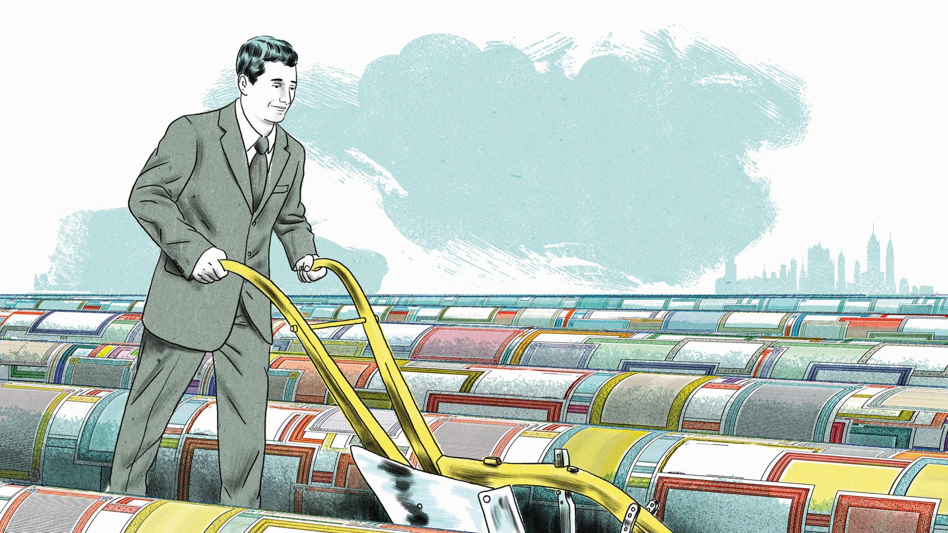 Illustration: Geschäftsmann pflügt Feld mit Aktienzertifikaten. Illustration: Geschäftsmann pflügt Feld mit Aktienzertifikaten.