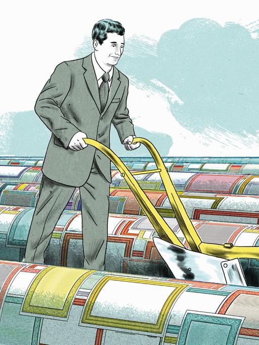 Illustration: Geschäftsmann pflügt Feld mit Aktienzertifikaten. 