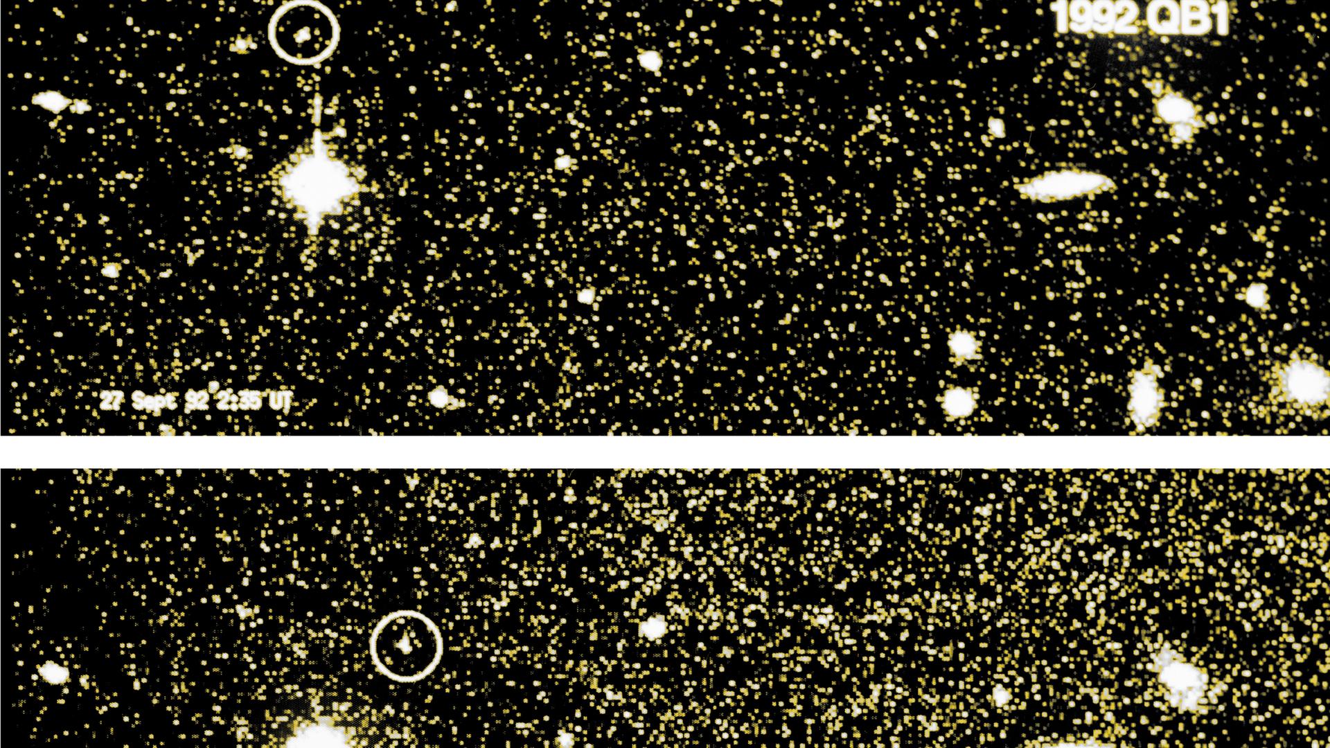 Innerhalb von vier Stunden hat sich 1992 QB1 deutlich vor dem Hintergrund der Sterne bewegt