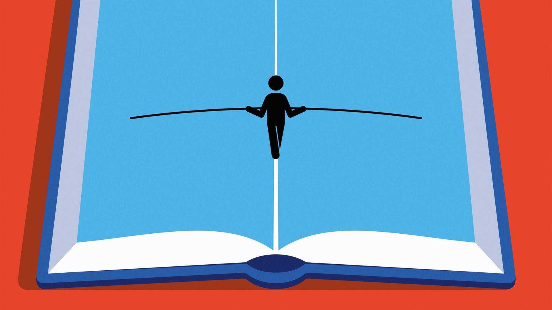 Illustration: Seiltänzer in der Mitte eines geöffneten Buches. Illustration: Seiltänzer in der Mitte eines geöffneten Buches.