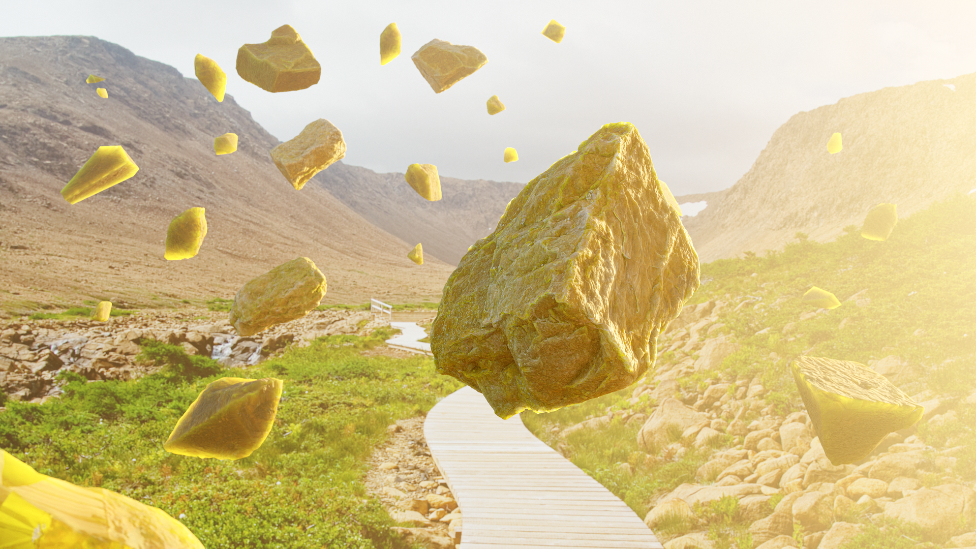 Zu sehen: Gelbe Schwämme fliegen durch die Landschaft Zu sehen: Gelbe Schwämme fliegen durch die Landschaft