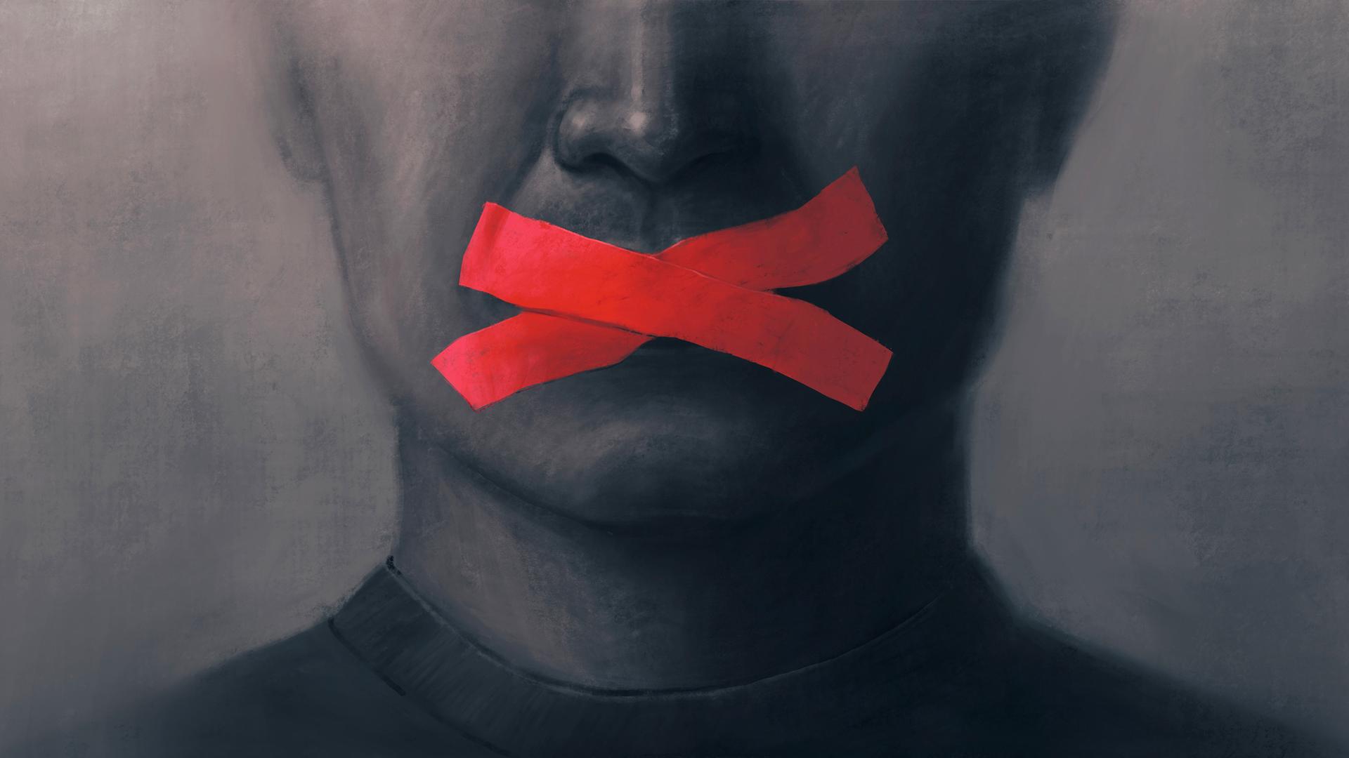 Illustration einer Person, der mit zwei roten Klebestreifen der Mund zugeklebt wurde. Illustration einer Person, der mit zwei roten Klebestreifen der Mund zugeklebt wurde.