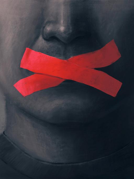 Illustration einer Person, der mit zwei roten Klebestreifen der Mund zugeklebt wurde.
