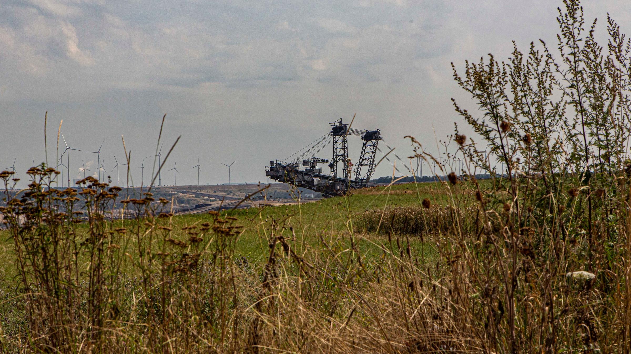 Blick aus der Ferne: ein Bagger im Braunkohletagebau Garzweiler