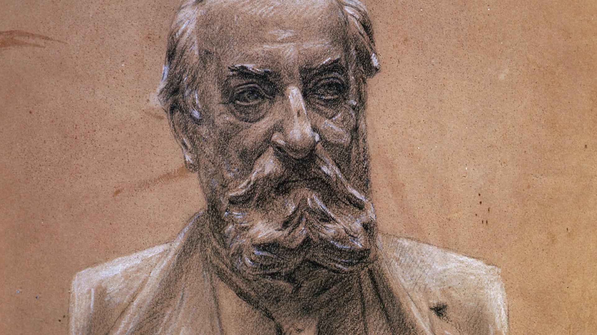 Zeichnung einer Büste des älteren Saint-Saëns mit Vollbart und in Konzertkleidung. Zeichnung einer Büste des älteren Saint-Saëns mit Vollbart und in Konzertkleidung.