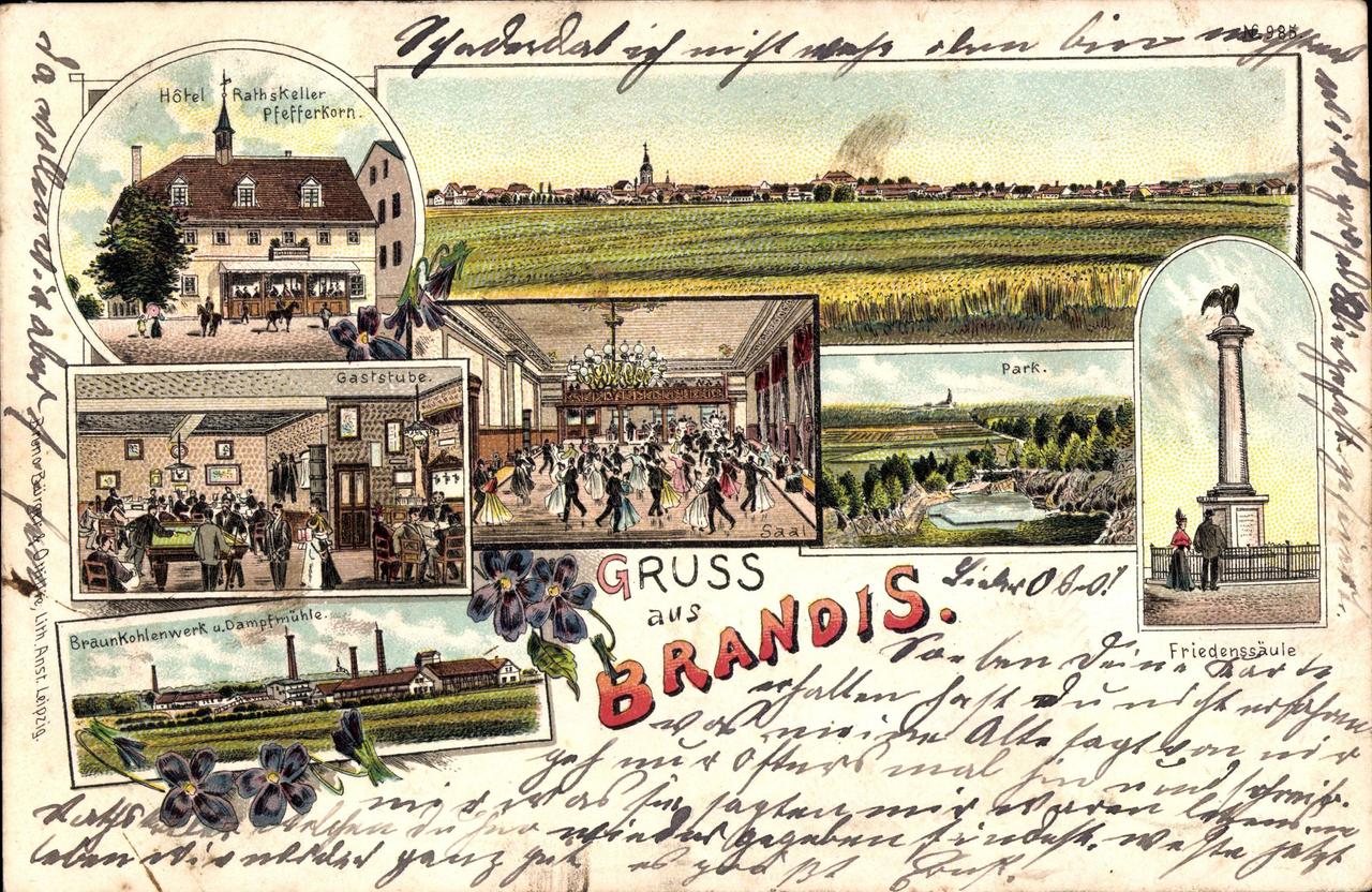 Historische Postkarte mit verschiedenen Ansichten von Brandis. Gruß aus Brandis steht auf der Vorderseite.